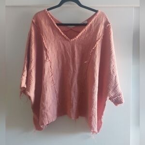 Pink Cotton Gauzy Oversized Boxy Top Dolman Short Sleeve O/S